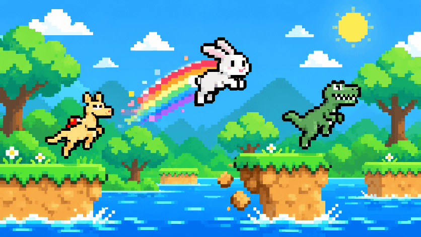 Bunny, Kangaroo and Dinosaur leap above bright water and crumbling platforms, with a rainbow trailing behind Bunny