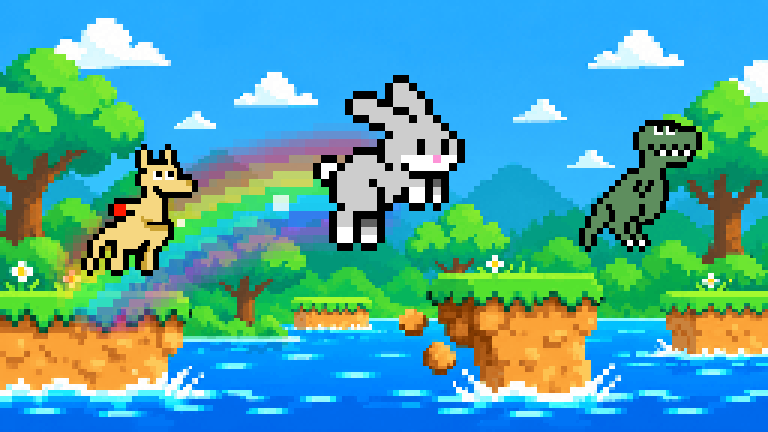 Bunny, Kangaroo and Dinosaur leap above bright water and crumbling platforms, with a rainbow trailing behind Bunny