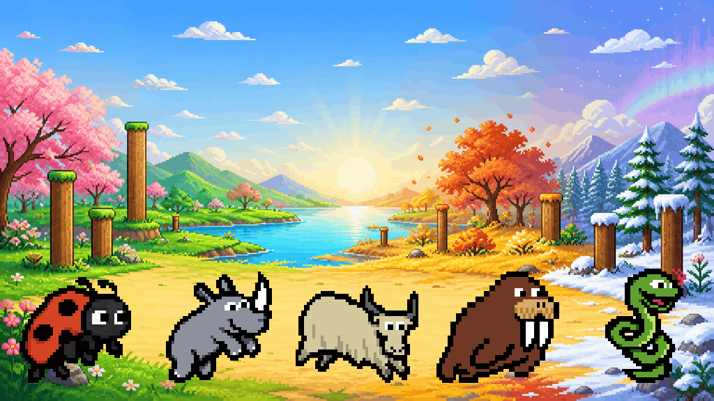 Ladybug, Rhino, Yak, Walrus, and Snake across Bunny Hop's four seasonal worlds