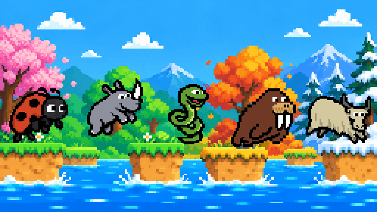 Ladybug, Rhino, Yak, Walrus, and Snake across Bunny Hop's four seasonal worlds