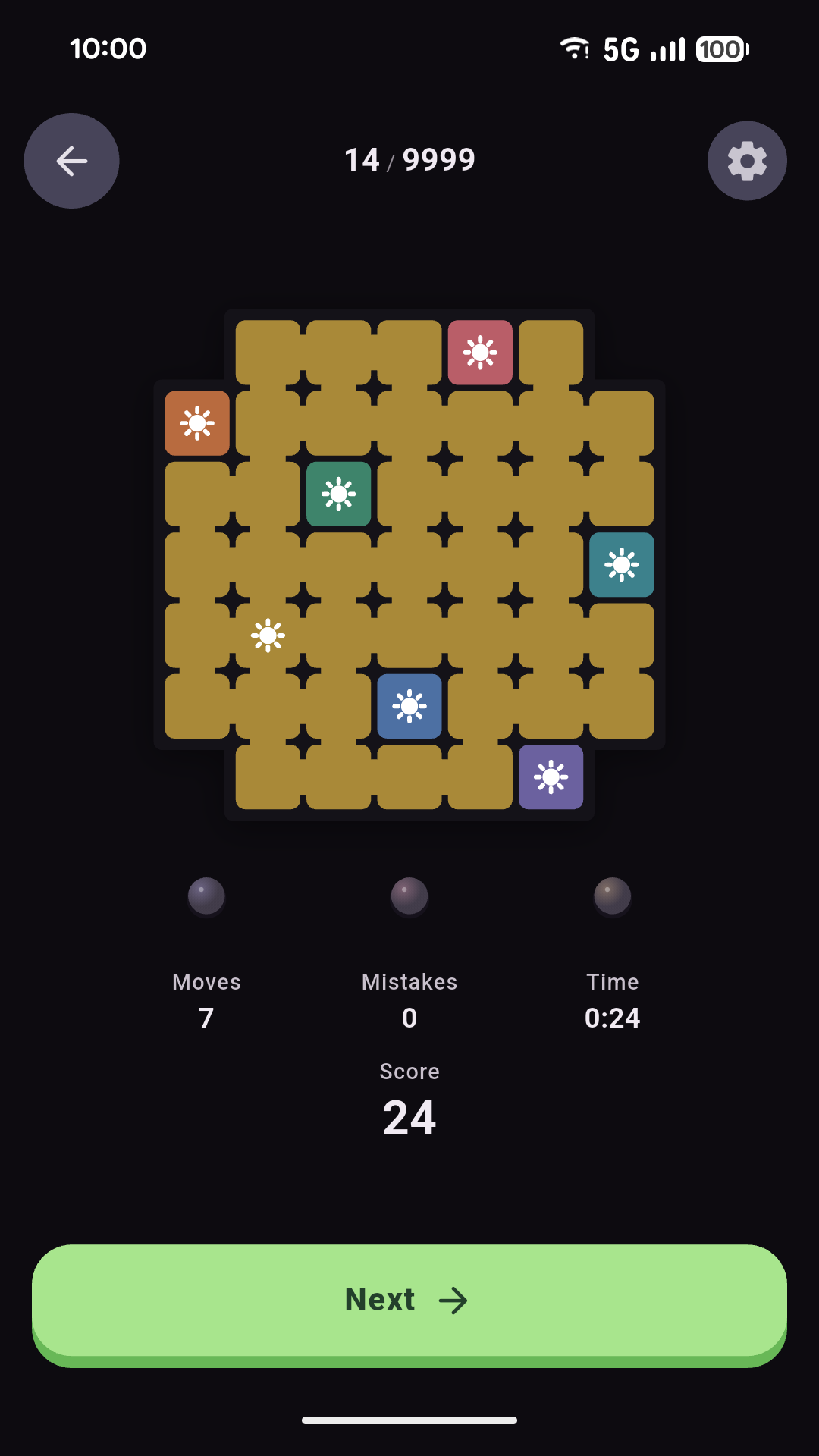 A completed dark-mode Yodoku puzzle showing seven lanterns, zero mistakes, and a score of 24