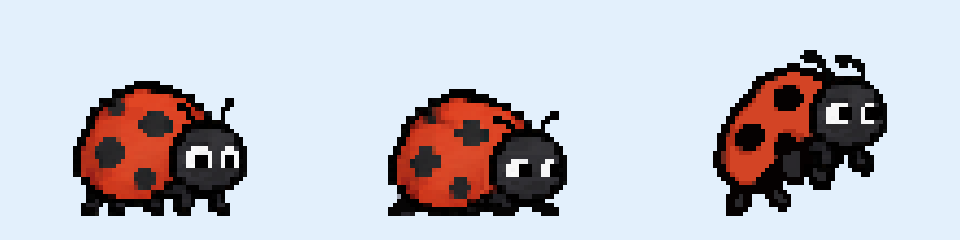 Ladybug's red spotted shell and wide eyes in standing, charging, and jumping poses.