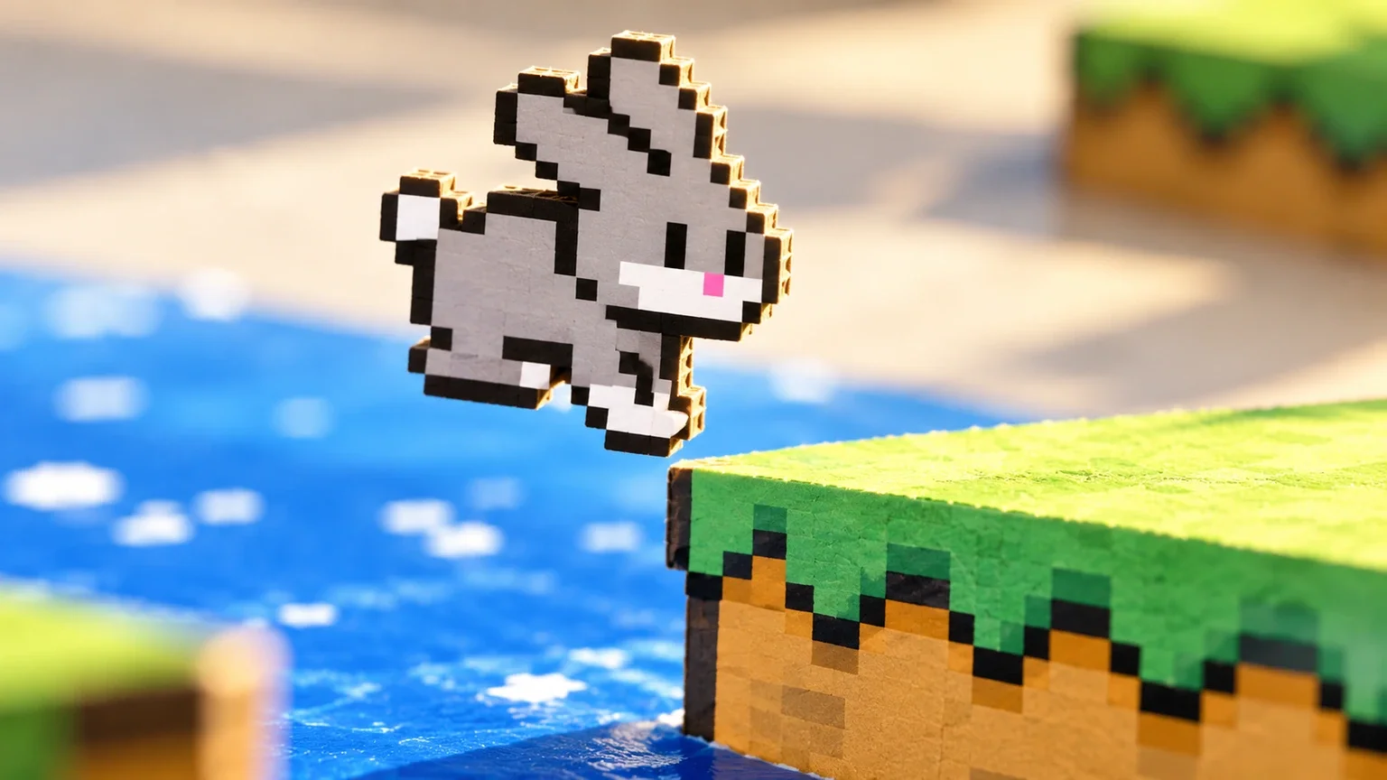 A cardboard Bunny cutout hovers just above a grassy ledge in a miniature world