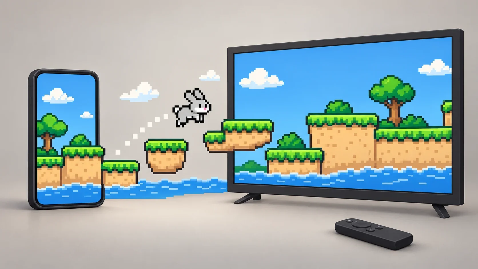 Editorial illustration of gray pixel-art Bunny hopping from a portrait phone toward a wide television across grass-topped platforms, with a remote on a quiet neutral background