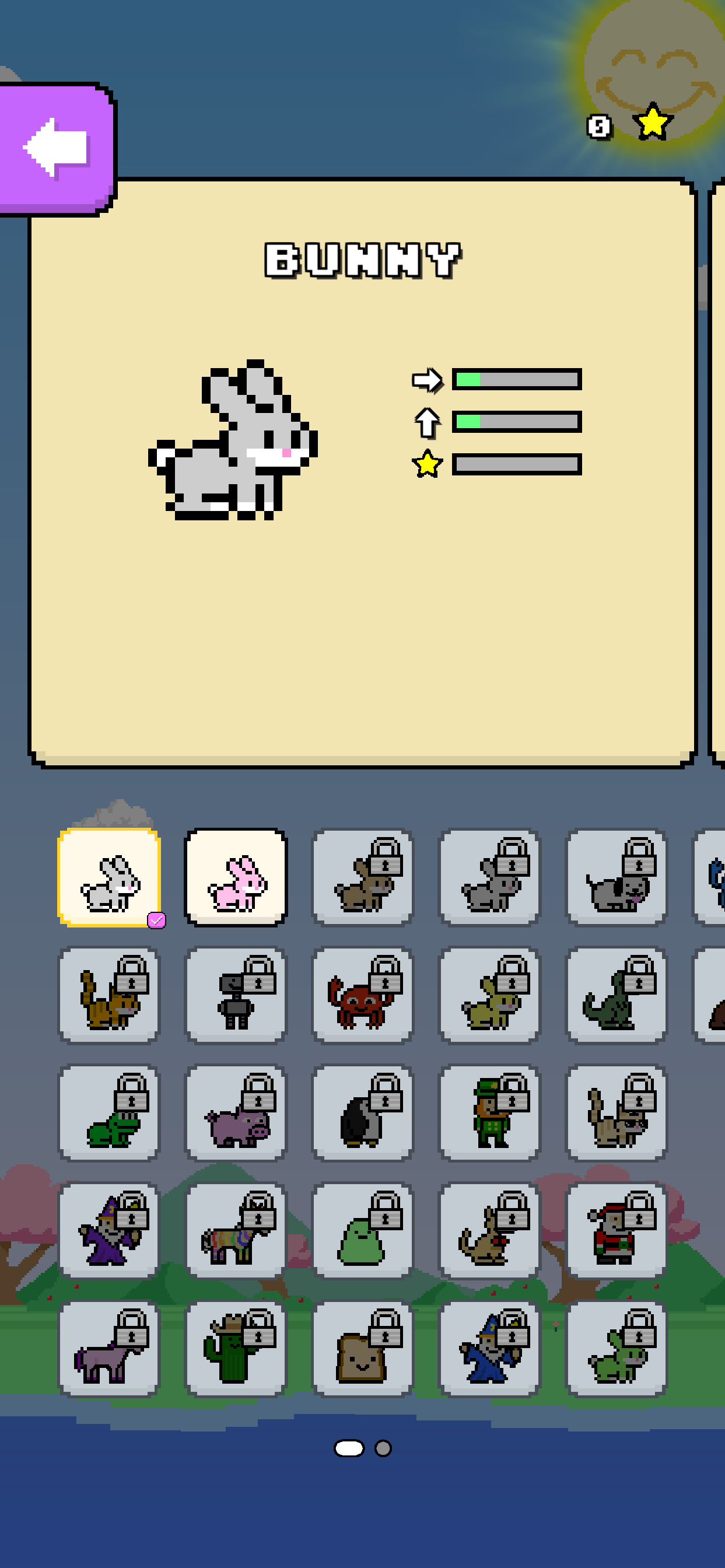 Portrait phone Character Select with ordinary Bunny and stat bars above the roster; Bunny and Berry are unlocked, and Bunny’s tile is checked