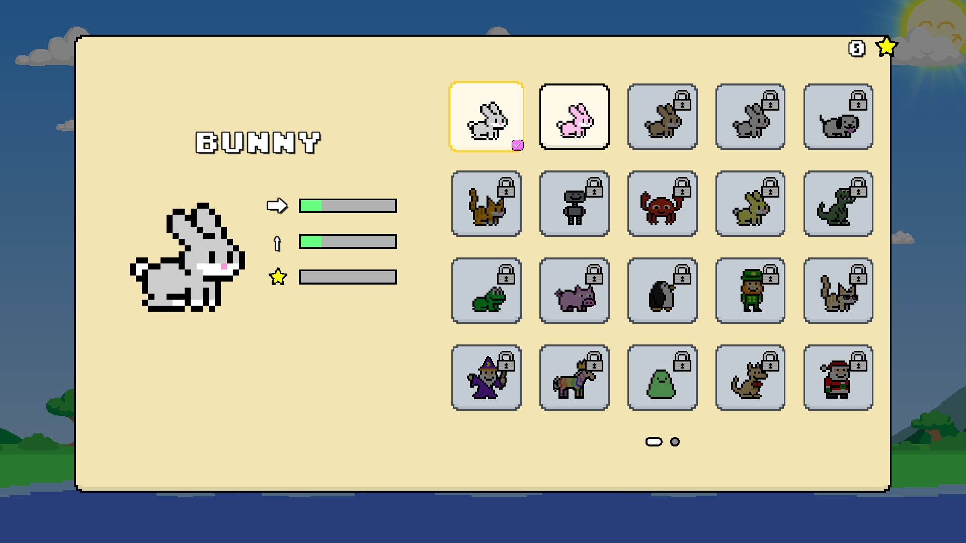 Landscape TV Character Select with the same ordinary Bunny and stat bars beside the roster; Bunny and Berry are unlocked, and Bunny’s tile is focused and checked