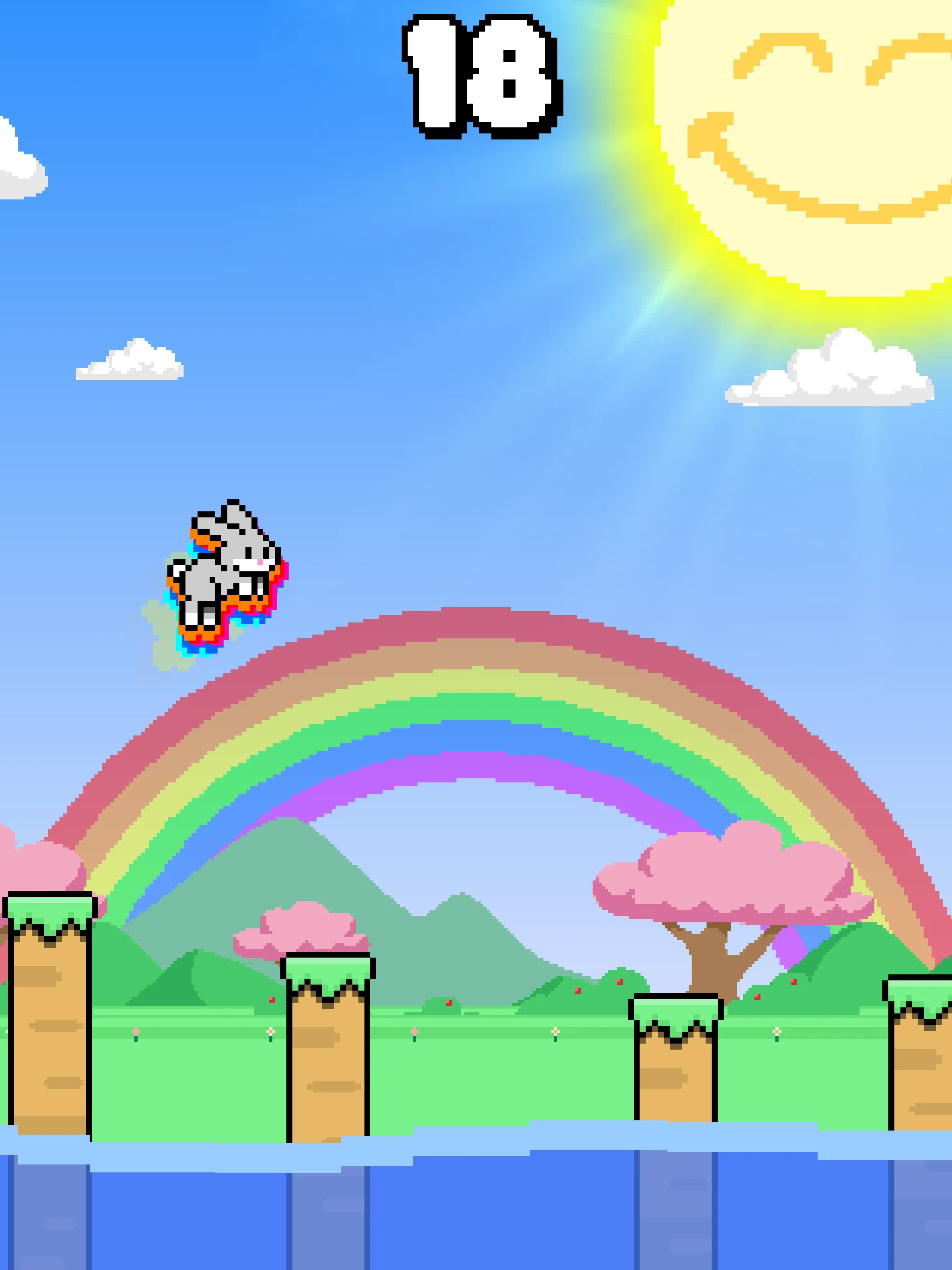 Bunny mid-jump above the water in Bunny Hop, with a rainbow trailing across the platforms.