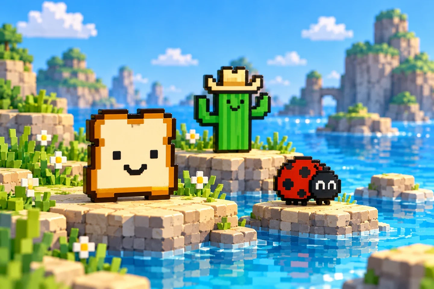 Toasty the smiling slice of bread, Cactus Jack in a cowboy hat, and a red Ladybug stand on little stone islands above blue water.