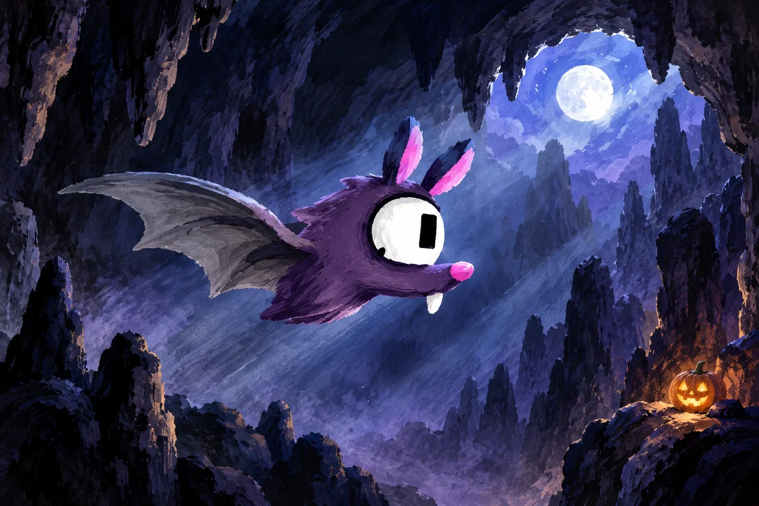 A purple one-eyed bat flies through a moonlit cave, its gray wing spread, with a small glowing pumpkin on a rocky ledge.