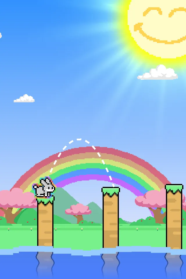 Gray Bunny charging on a grassy platform, with a dotted jump guide arcing toward the next ledge
