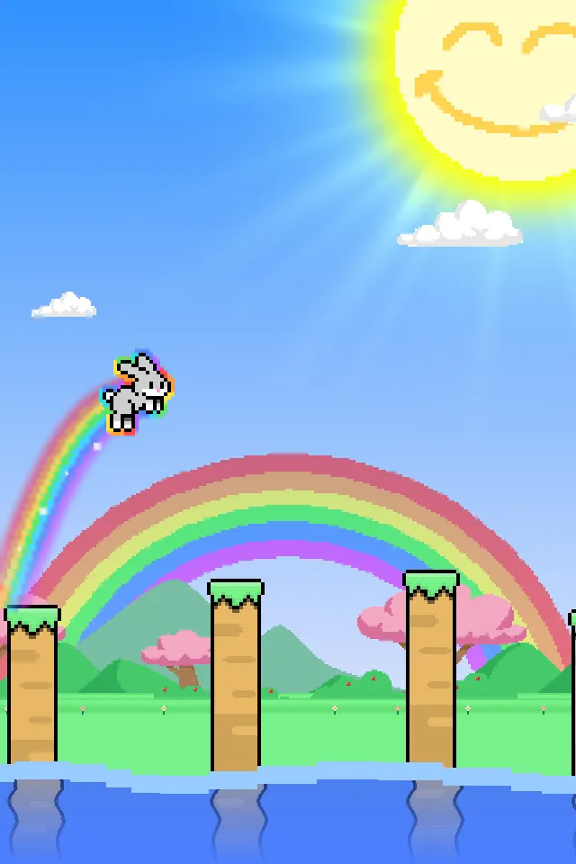 Gray Bunny jumping above blue water with a textured rainbow trail and colorful outline