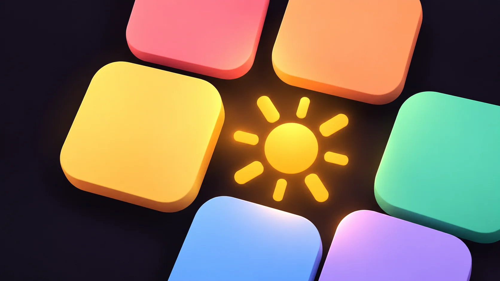 Rounded coral, yellow, mint, blue, and lavender Yodoku tiles surround a glowing golden light on a dark plum background