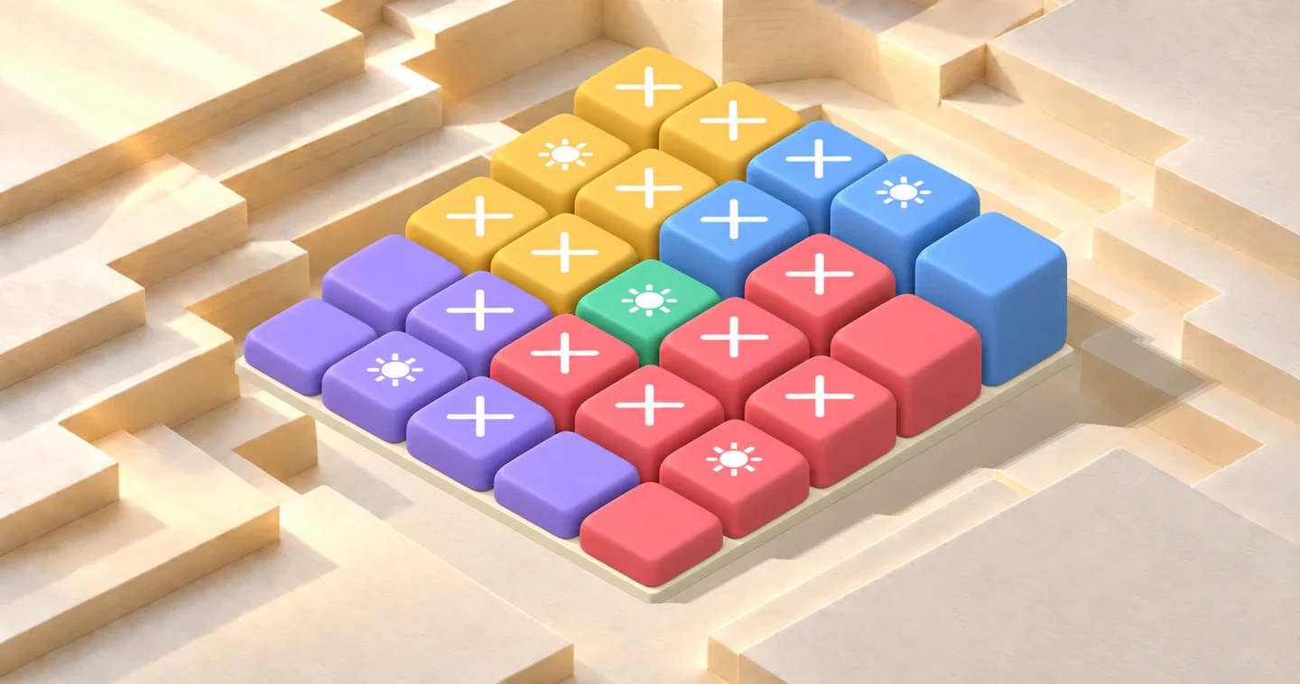 A five-by-five board of separate rounded colored tiles rising in steps above a cream base inside an ivory paper canyon, with white lanterns and X marks.